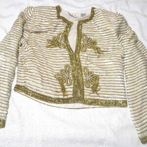 Vintage Women's Laurence Kazar Crop Beaded Jacket with Tassels White & Gold Sz M